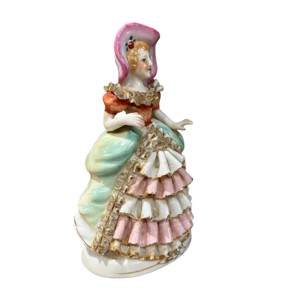 Vintage Multicolor Porcelain Lady Figurine Tiered Ruffle Dress‎ Pink Bonnet